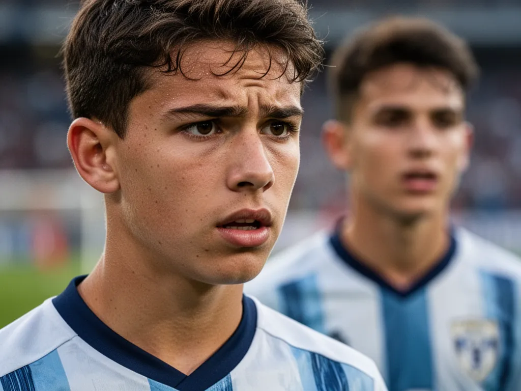 Young soccer player showing intense focus and determination during competitive match moment