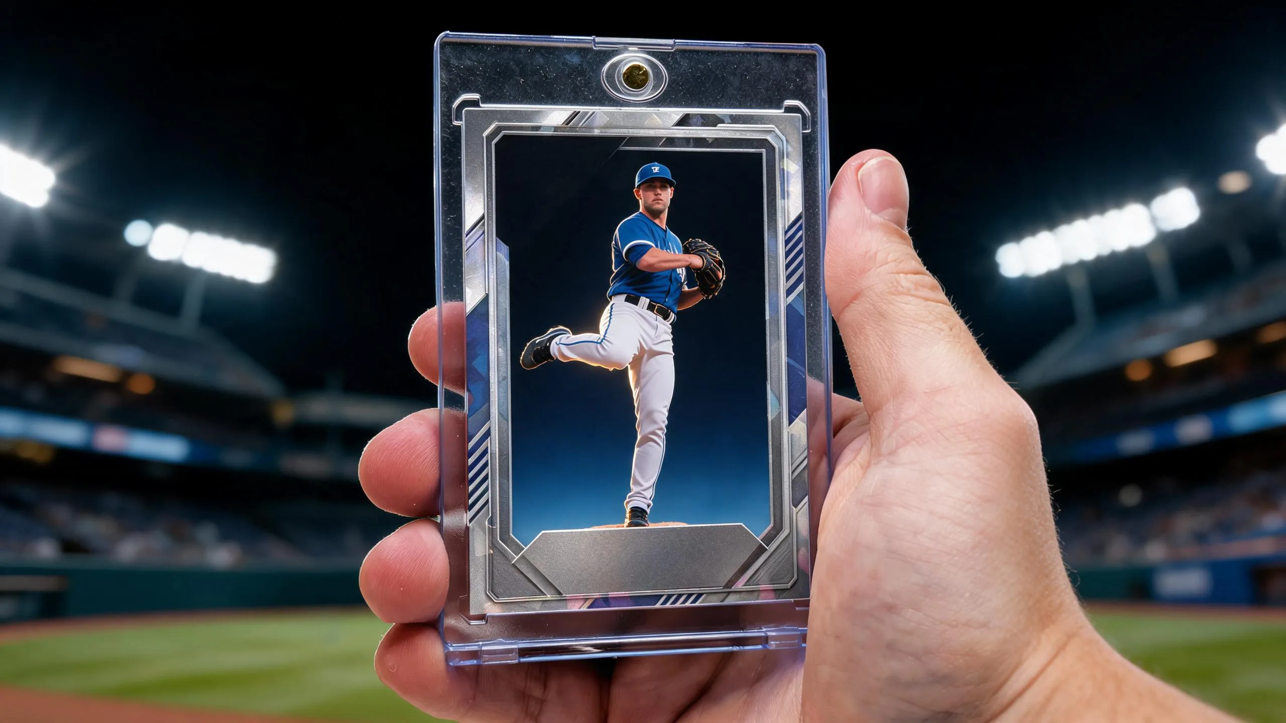 Hand holds topps make your own baseball card in a clear magnetic case, pitcher design.
