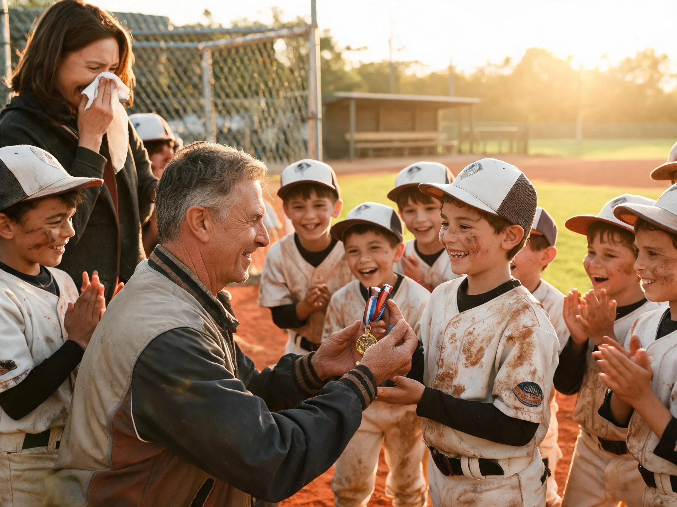 Coach and proud parents celebrate with young baseball player at sunny dugout.