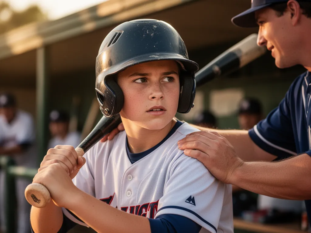 Young baseball player in helmet with teammate's supportive hand on shoulder in dugout