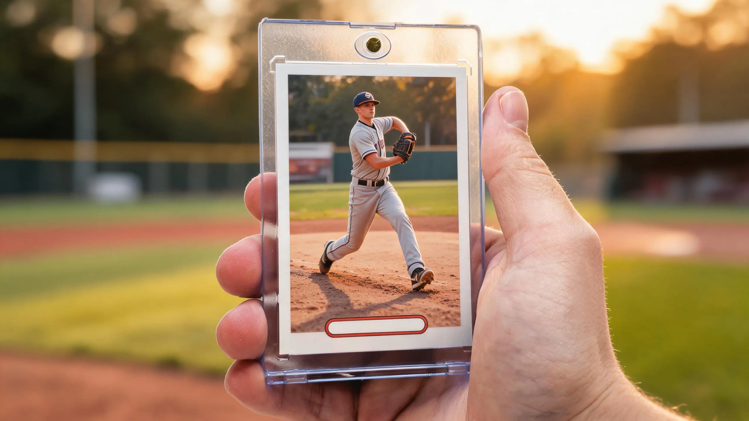 Topps personalized cards: hand holding magnetic case with sunlit pitcher card at golden-hour ballpark.