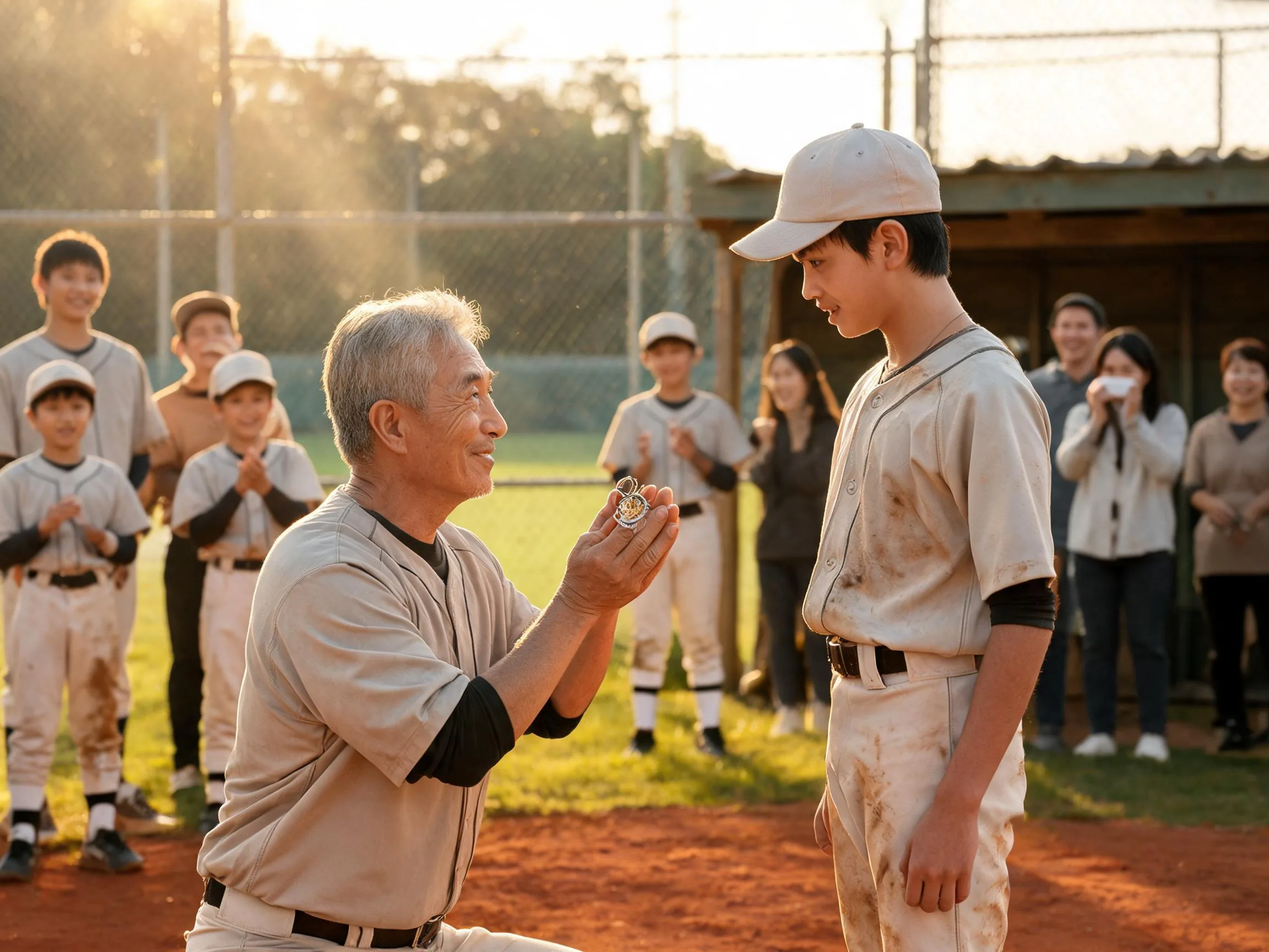 Coach and young athlete share proud celebration moment at sunny baseball diamond dugout.