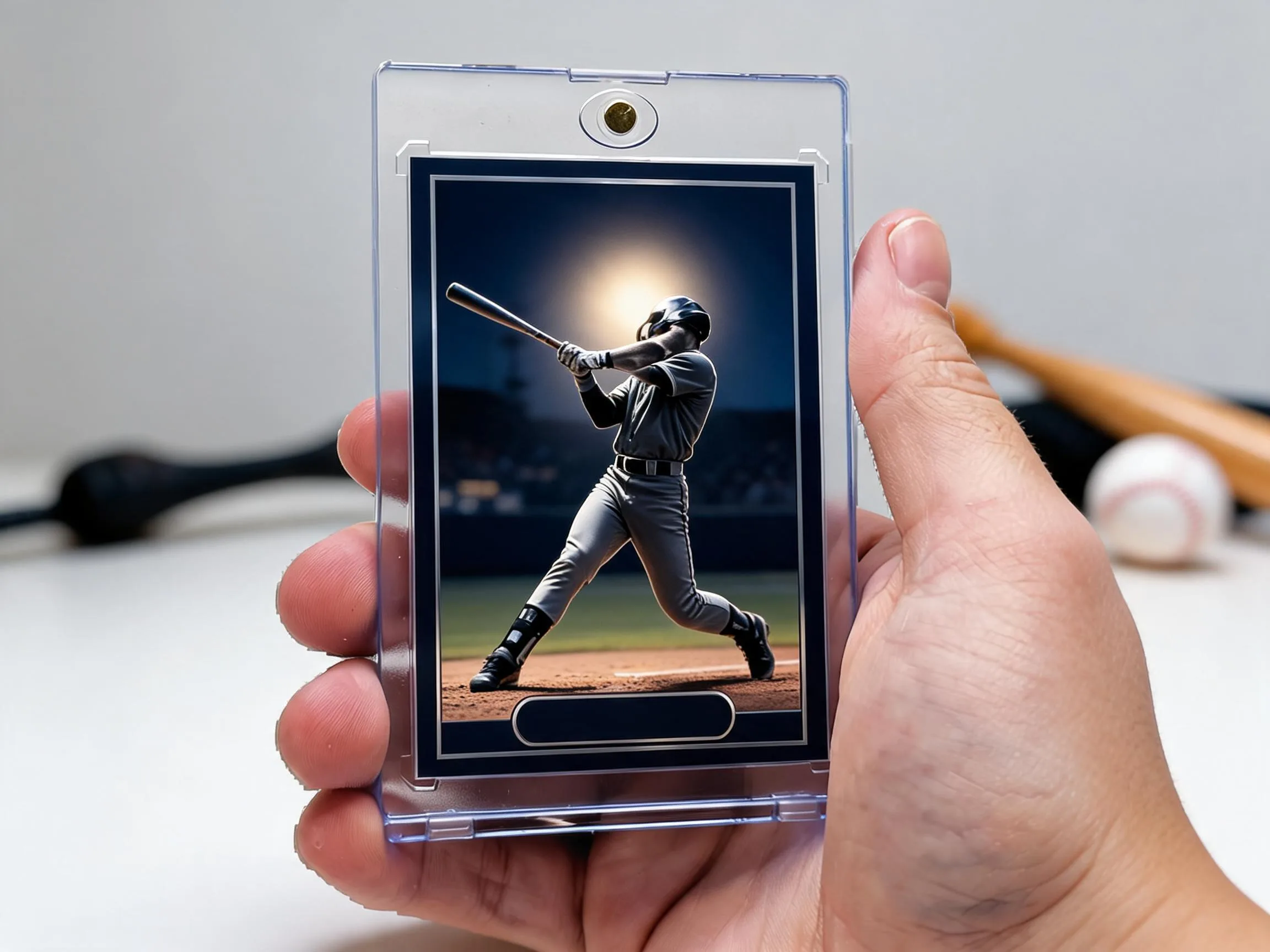 Custom baseball trading card in clear magnetic case with stadium-night batter design.
