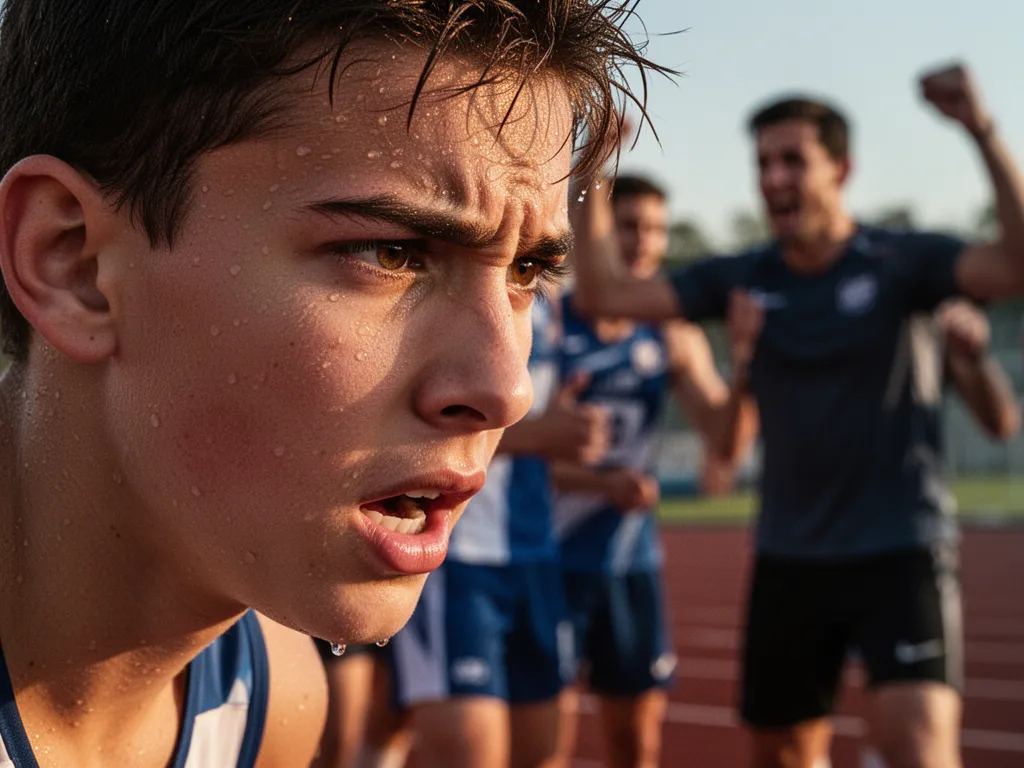 Young athlete's focused expression during competition with blurred celebrating teammates and coach in background