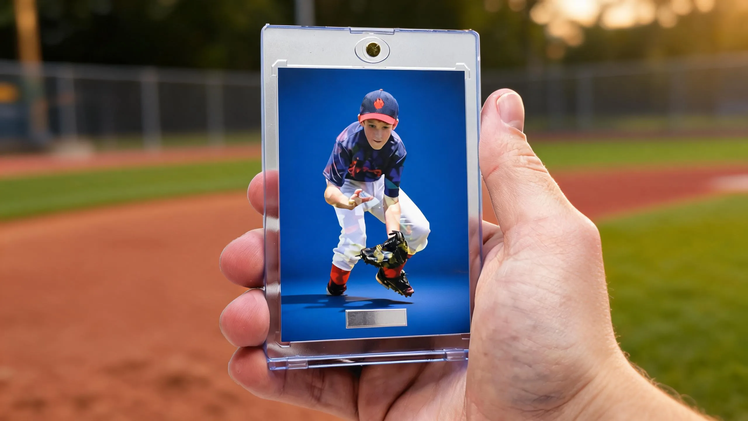 Hand holds magnetic case with custom baseball card, topps release dates 2026 golden-hour diamond backdrop.