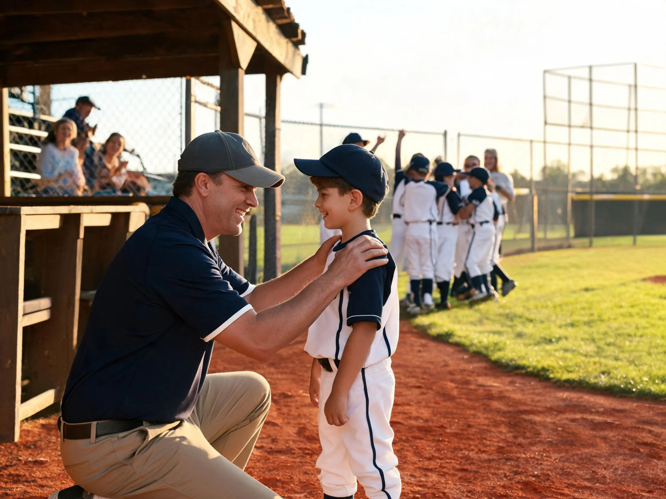 Coach and young baseball player share proud moment on sunlit field with team nearby.