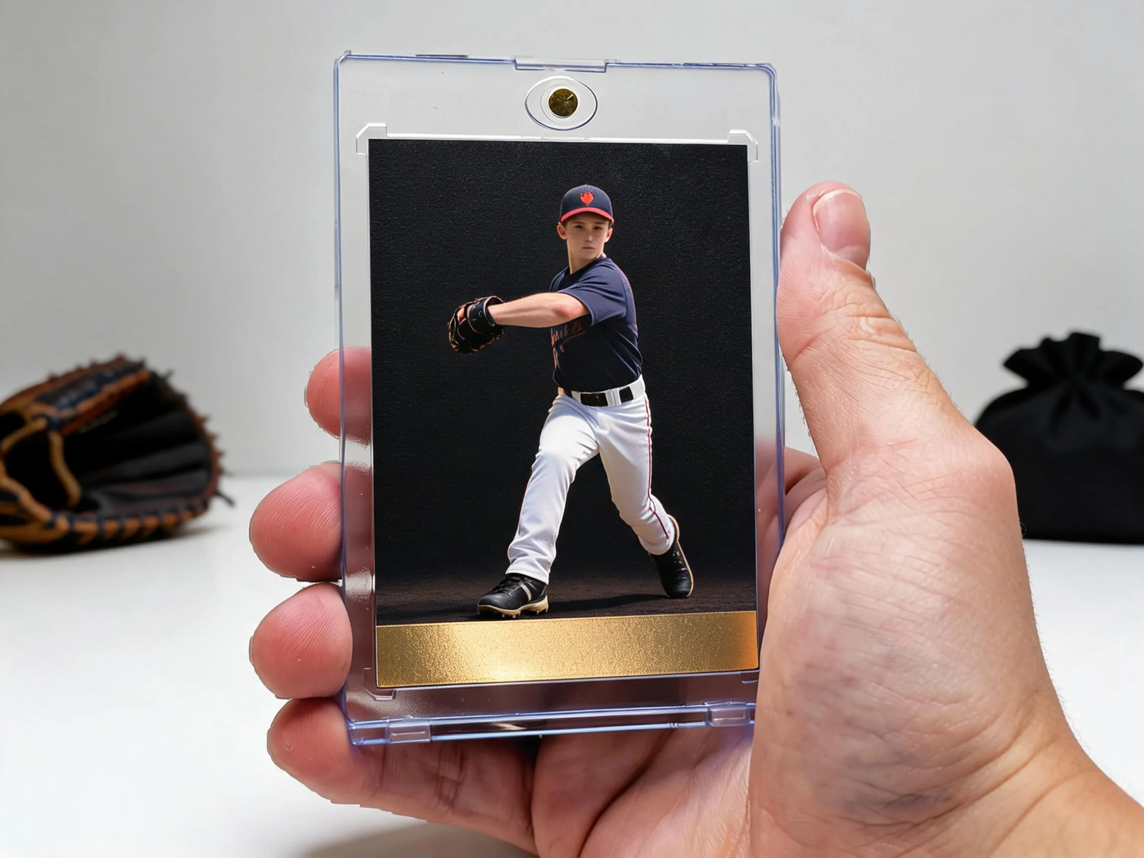 Custom baseball trading card in magnetic case, dark gold-foil design on white tabletop.