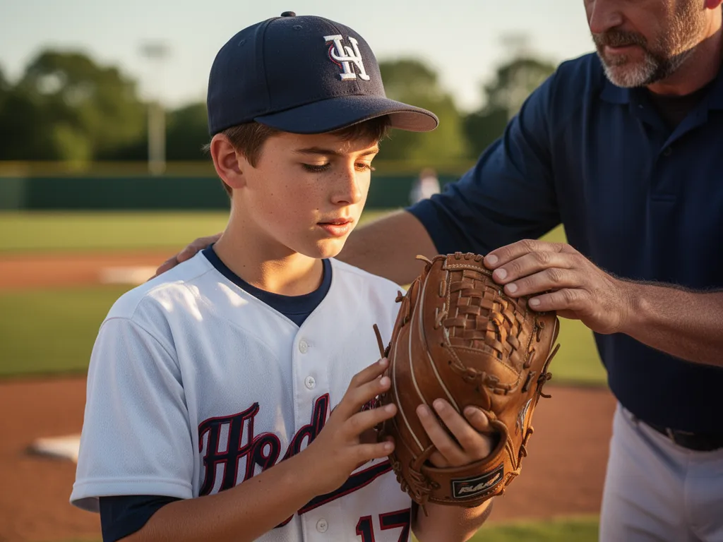 [young player examining baseball glove with mentor's hand on shoulder outdoors]