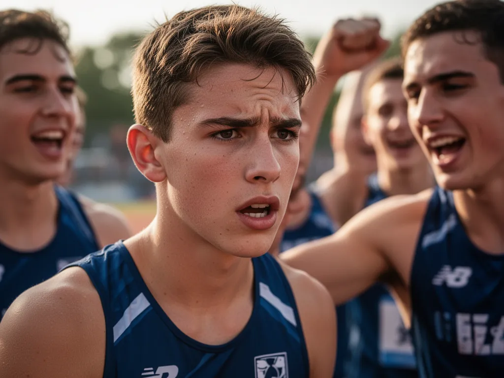 [Young athlete showing focused determination during competitive sports moment with teammates visible]