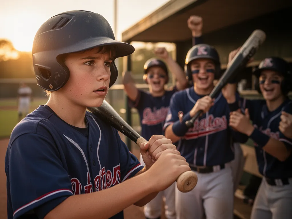 [Young baseball player grips bat with intense focus while teammates celebrate in dugout background]