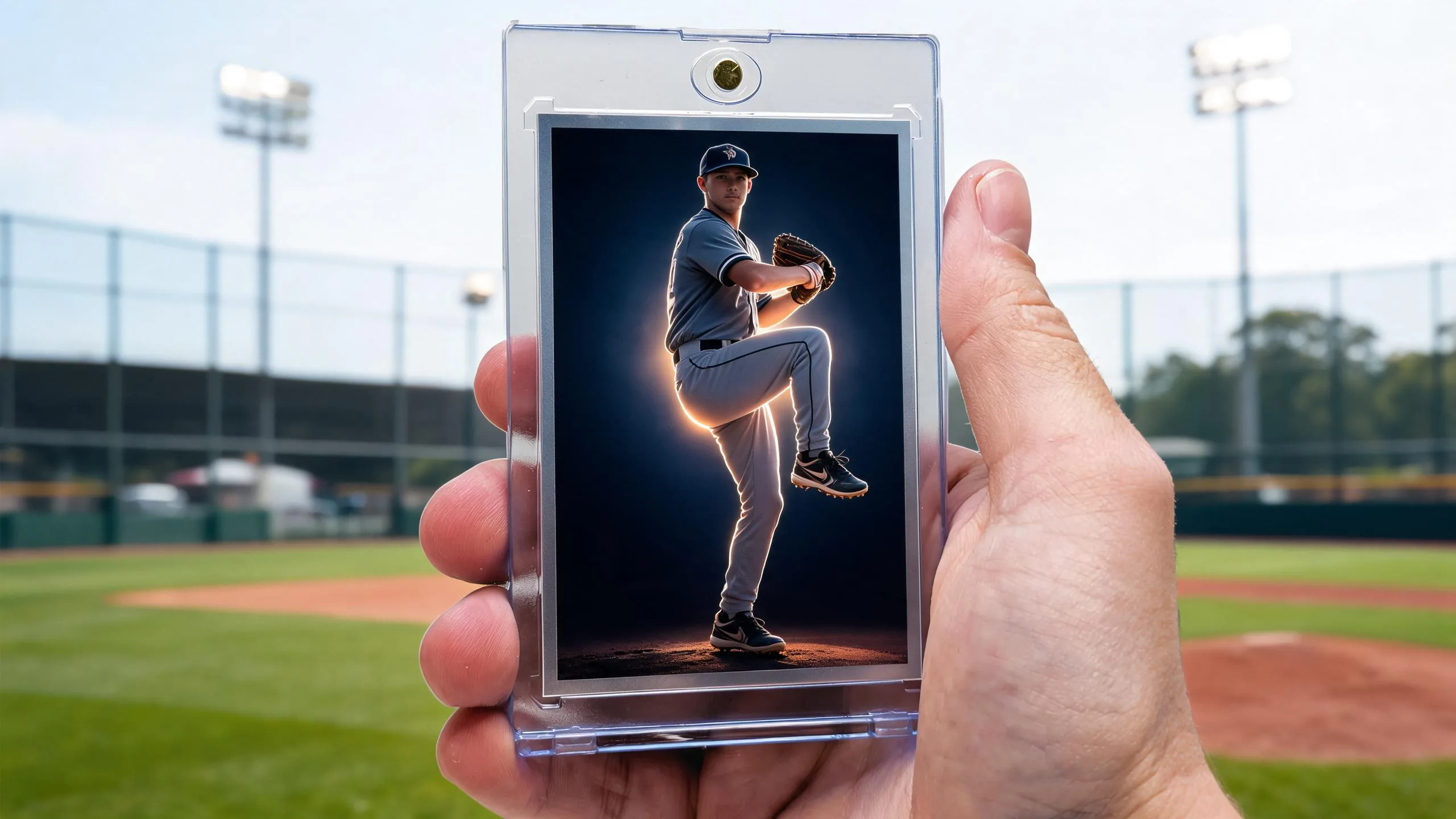 Hand holding topps trading card template case with glowing stadium-night pitcher card design.