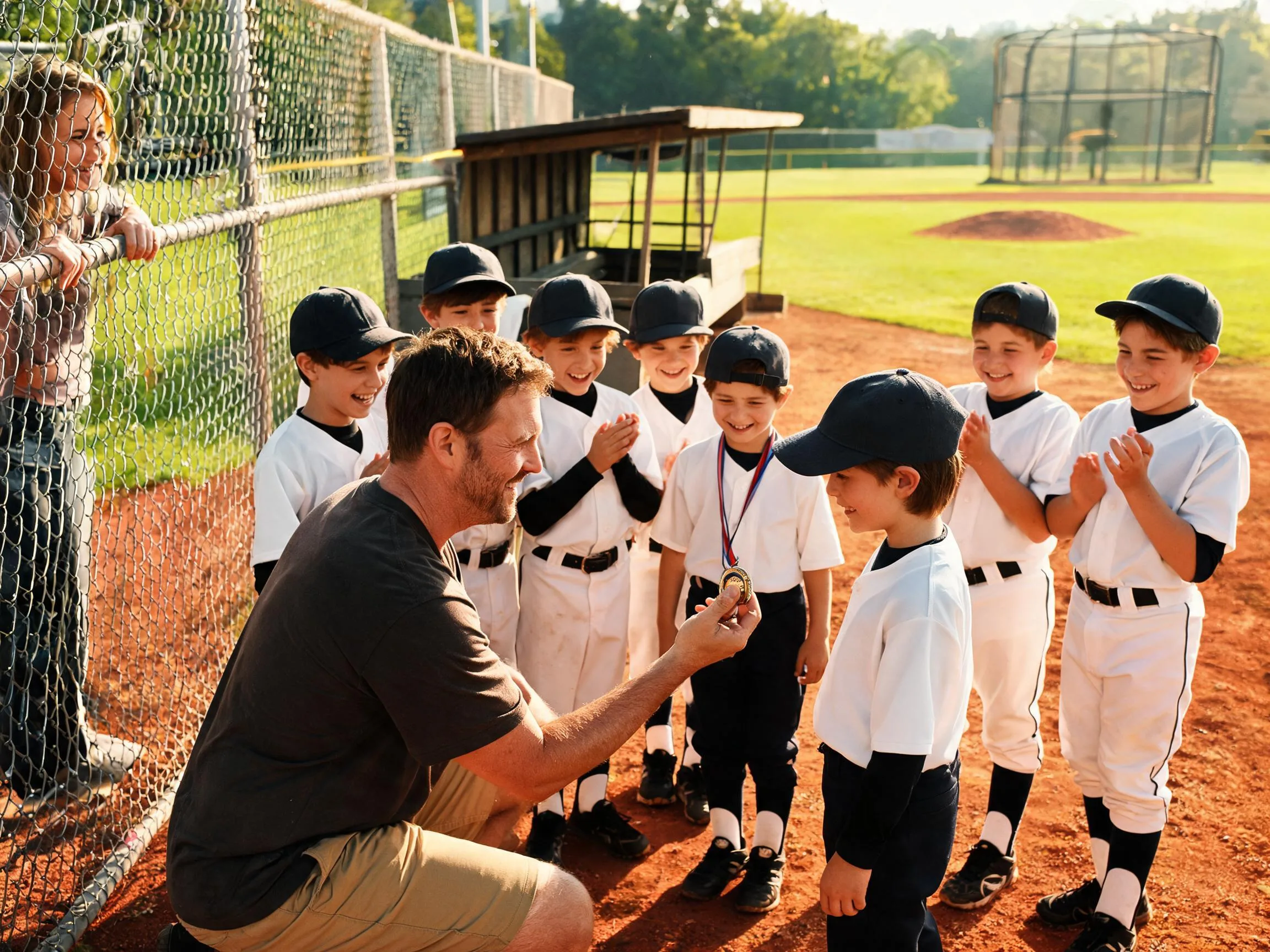 Coach and young baseball players sharing a proud emotional moment on the field.