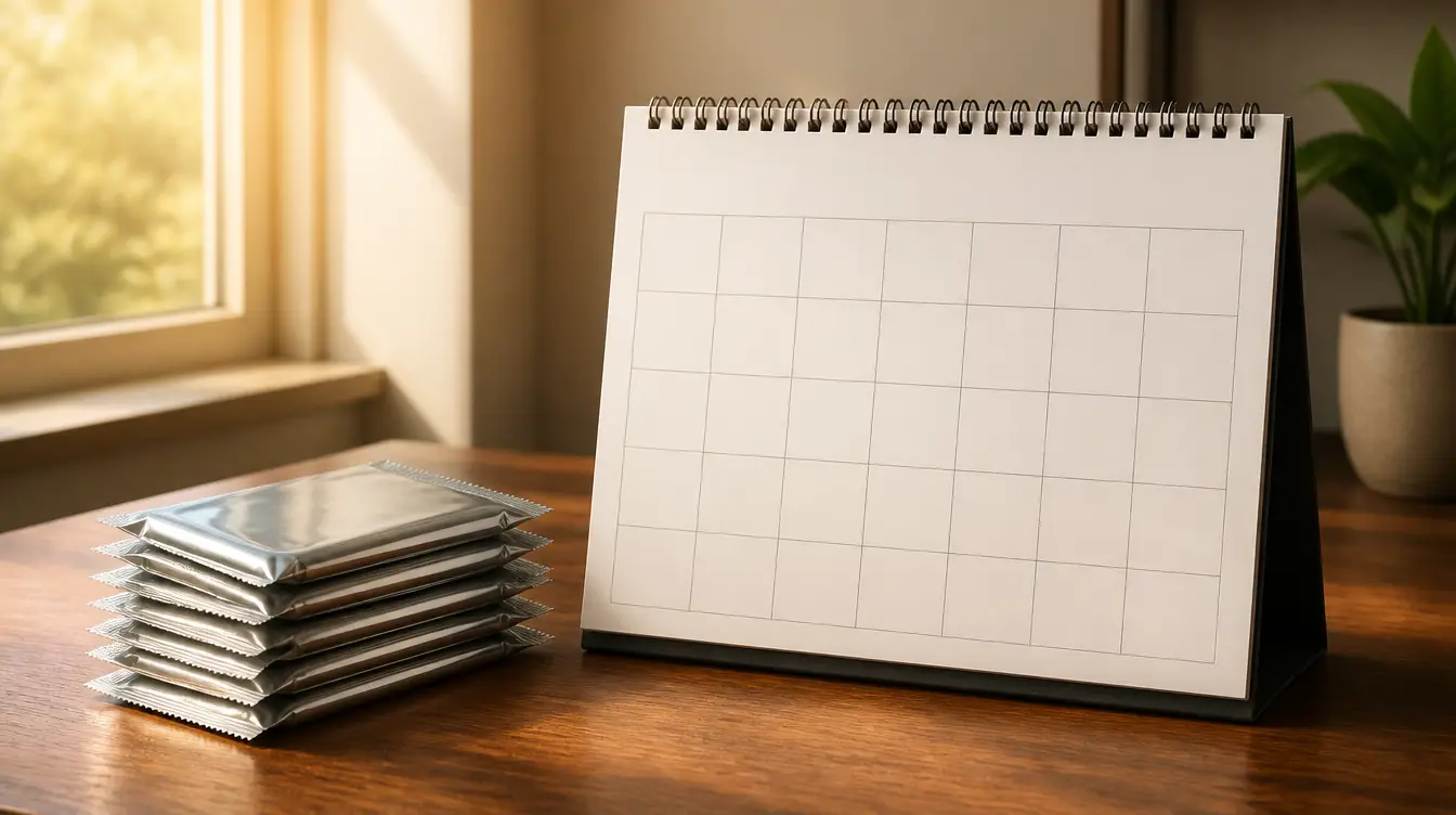 A blank wall calendar beside sealed foil trading card packs