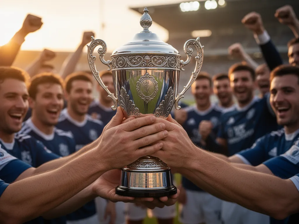 Athletes' hands gripping tournament trophy with celebrating team members blurred in background