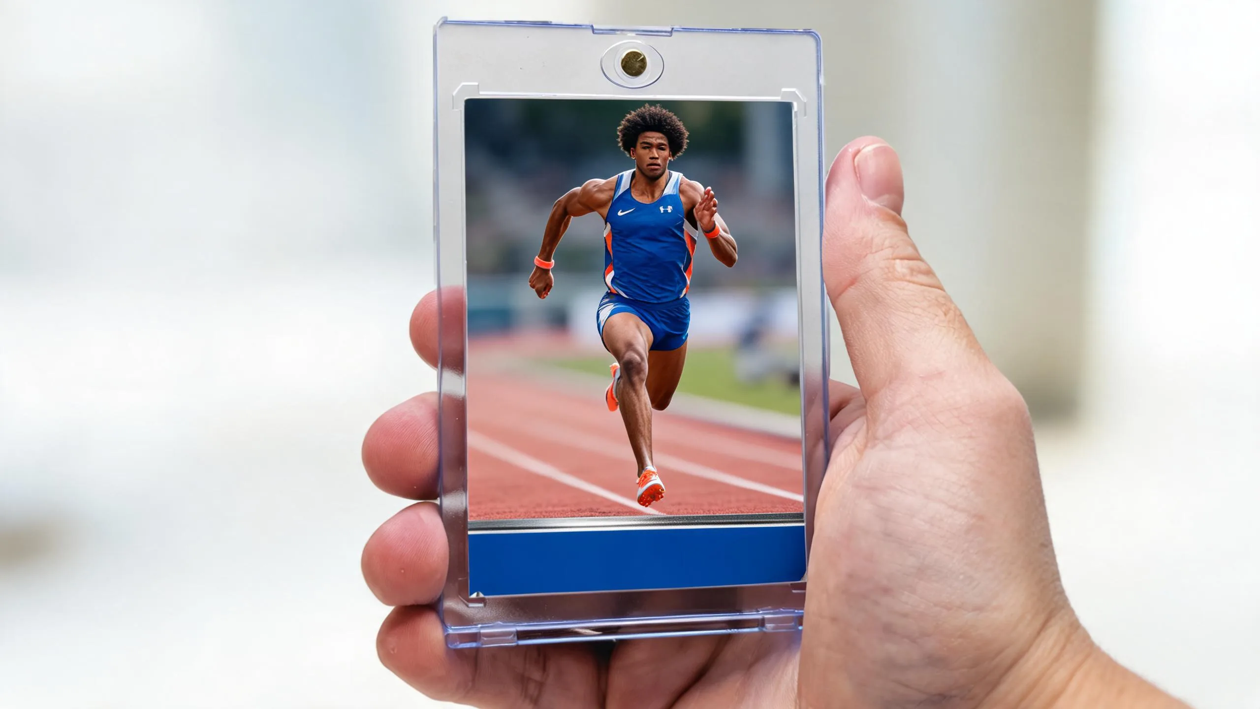 Hand holding magnetic case with track senior banner poses action-photo trading card design.