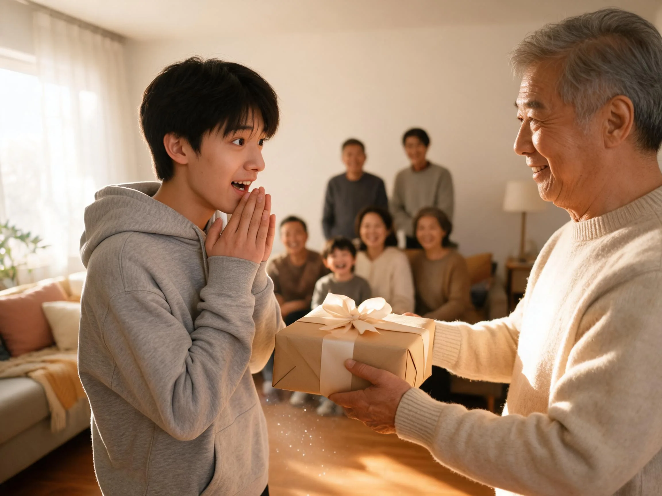 Teenager reacts with genuine surprise while being handed an unexpected wrapped gift.