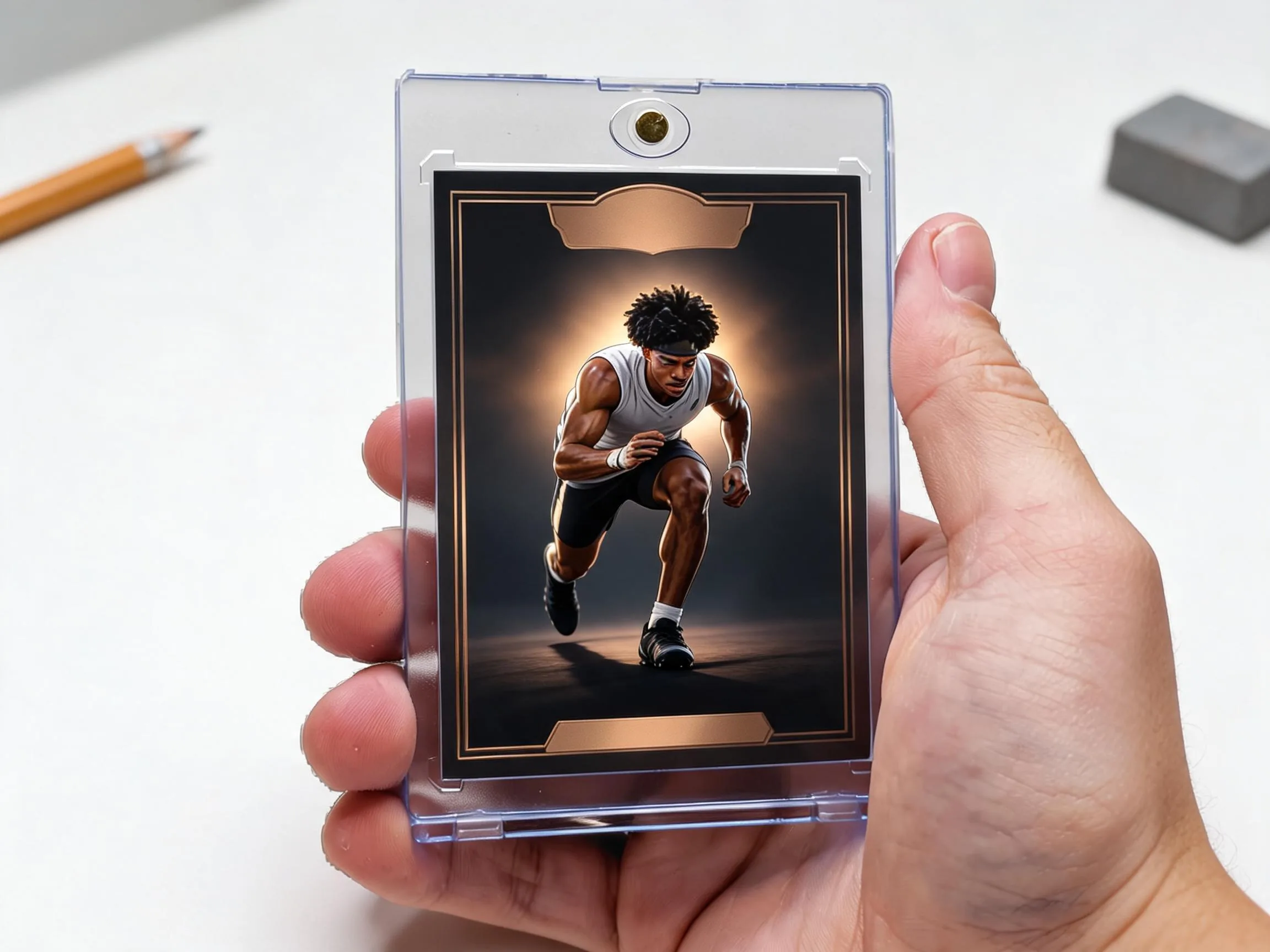 Custom keepsake trading card in magnetic case with stadium-night athlete design.