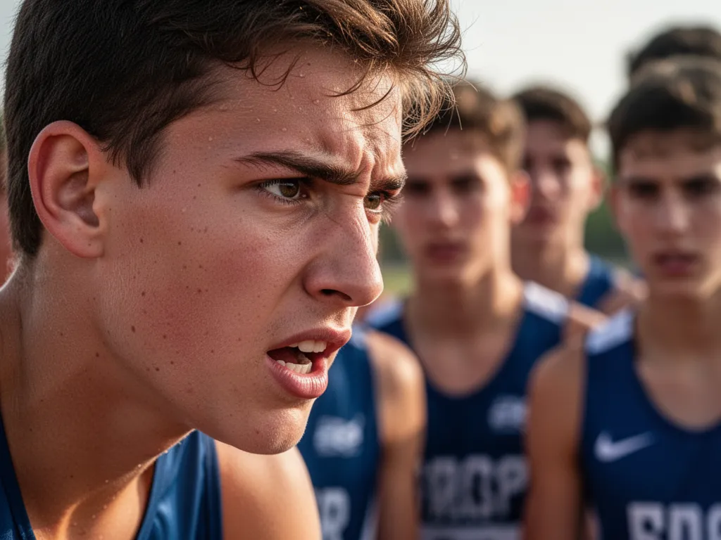 Young athlete's determined expression during competition with teammates visible in soft-focus background