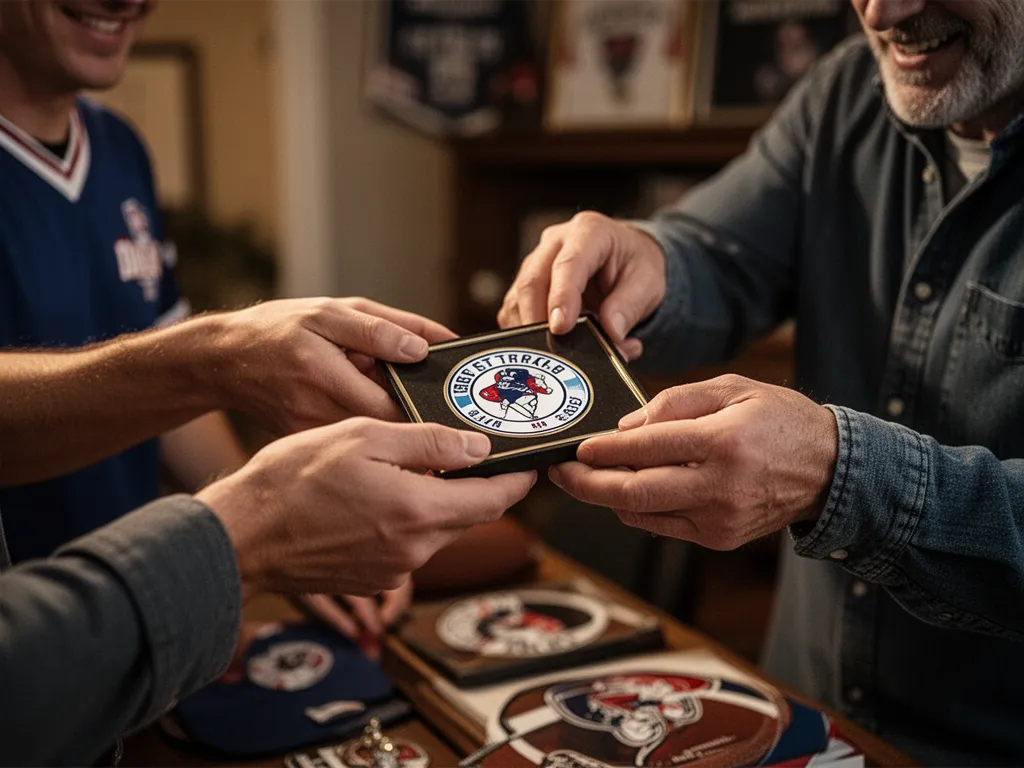 [Two collectors hands examining and sharing sports memorabilia with genuine interest]