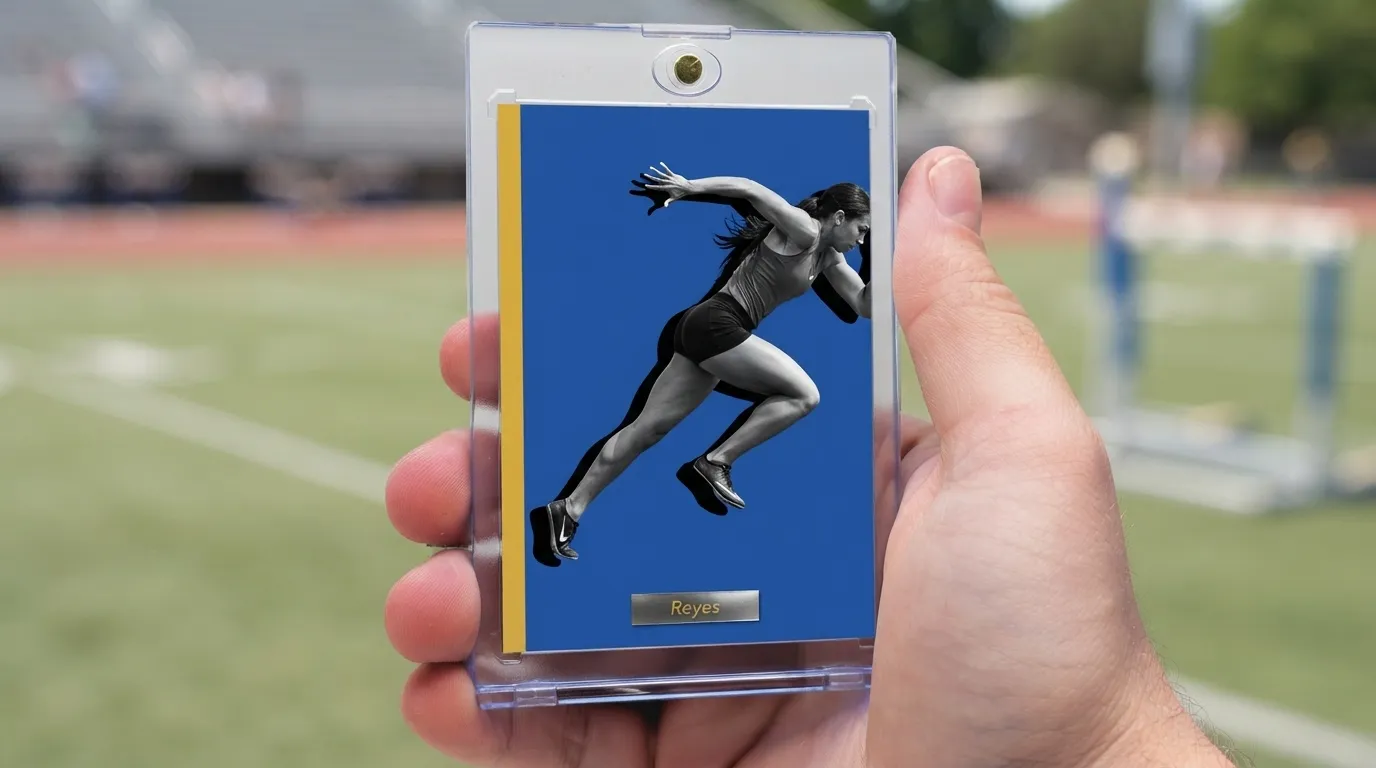 Hand holding magnetic case with tradin card featuring sprinter on bold blue editorial design.