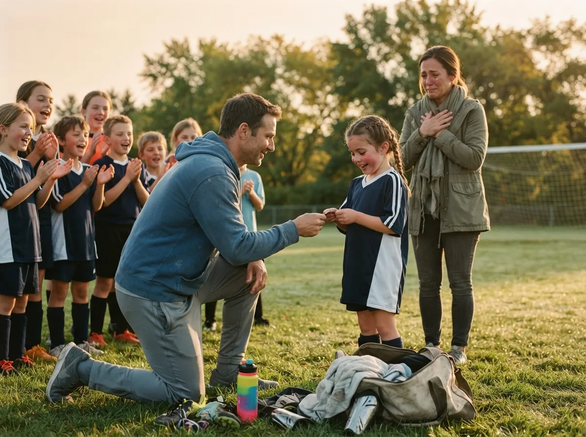 Coach and cheering teammates share proud emotional moment with young athlete on field.