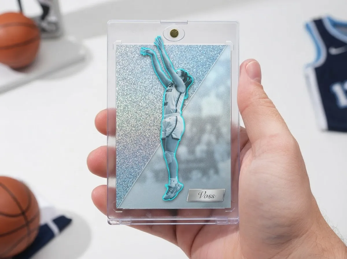 Custom sports trading card in magnetic case showing icy blue refractor basketball design.
