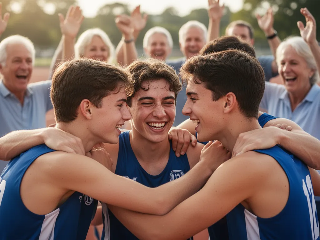 Young athletes embracing in celebration with proud parents visible in warm natural lighting