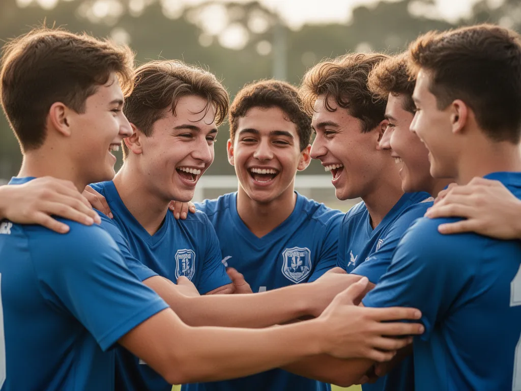 Young athletes celebrating together outdoors showing genuine emotion and team spirit