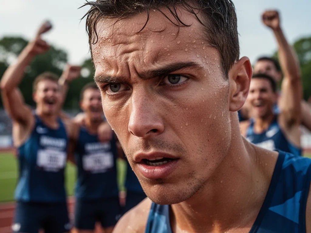 [Athlete's focused face during intense competition with celebrating teammates visible in background]
