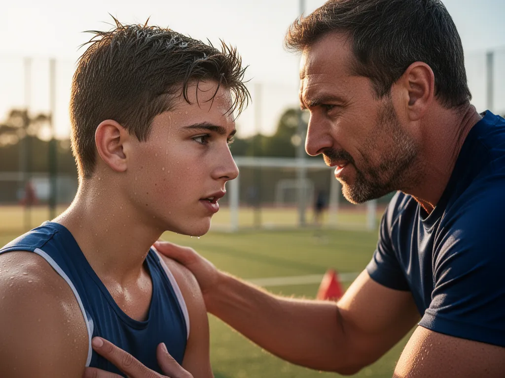 Coach providing guidance to determined athlete during outdoor training session