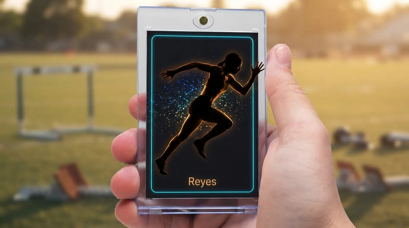 Hand holding magnetic case with a glowing after-dark trading card blank, sprinting athlete cutout design.