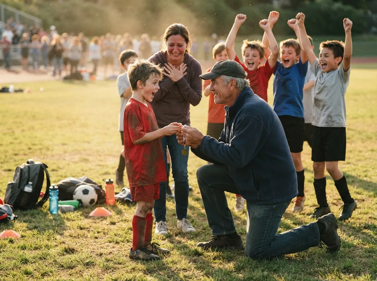 Coach shares emotional proud moment with young athlete and family on sunlit sports field.