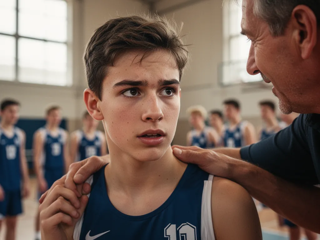 Young athlete's determined expression with coach providing supportive guidance during training