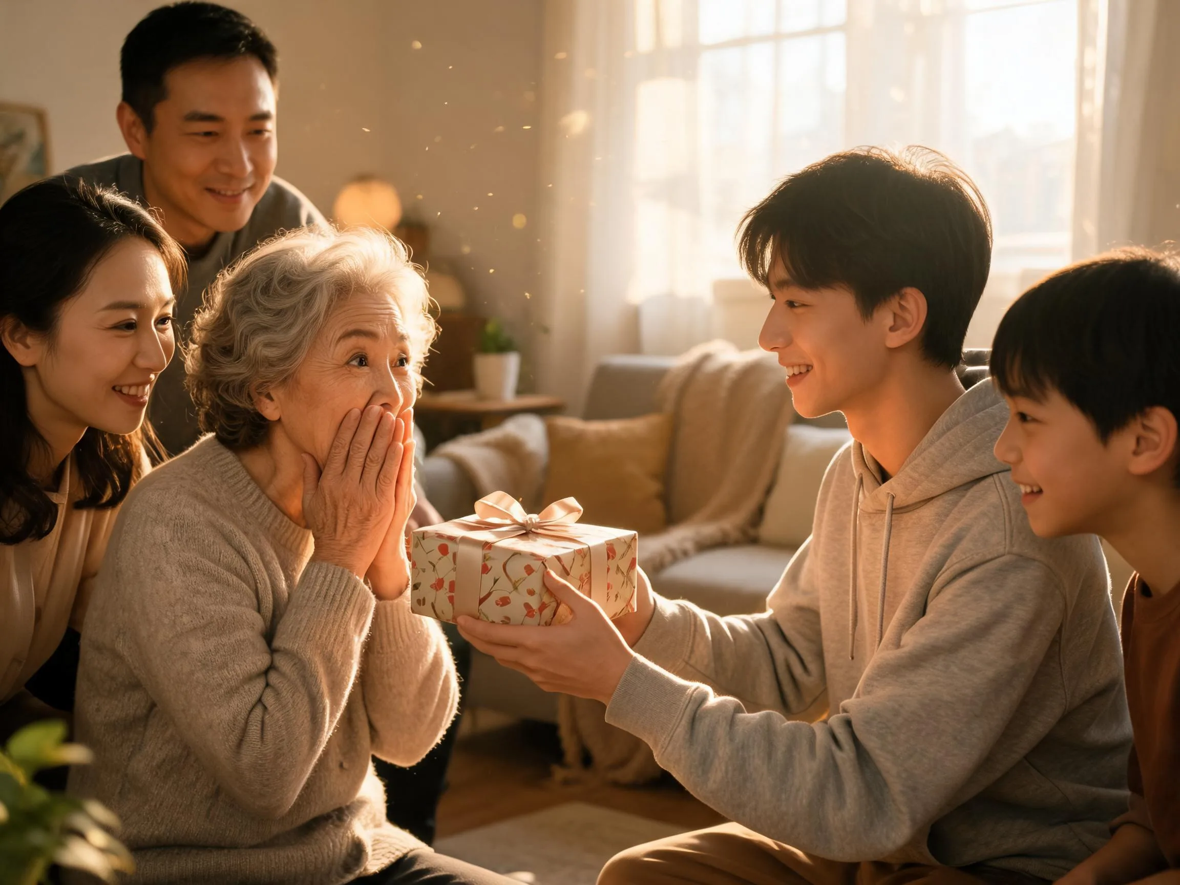 Grandmother reacting with joyful surprise to an unexpected gift from family.