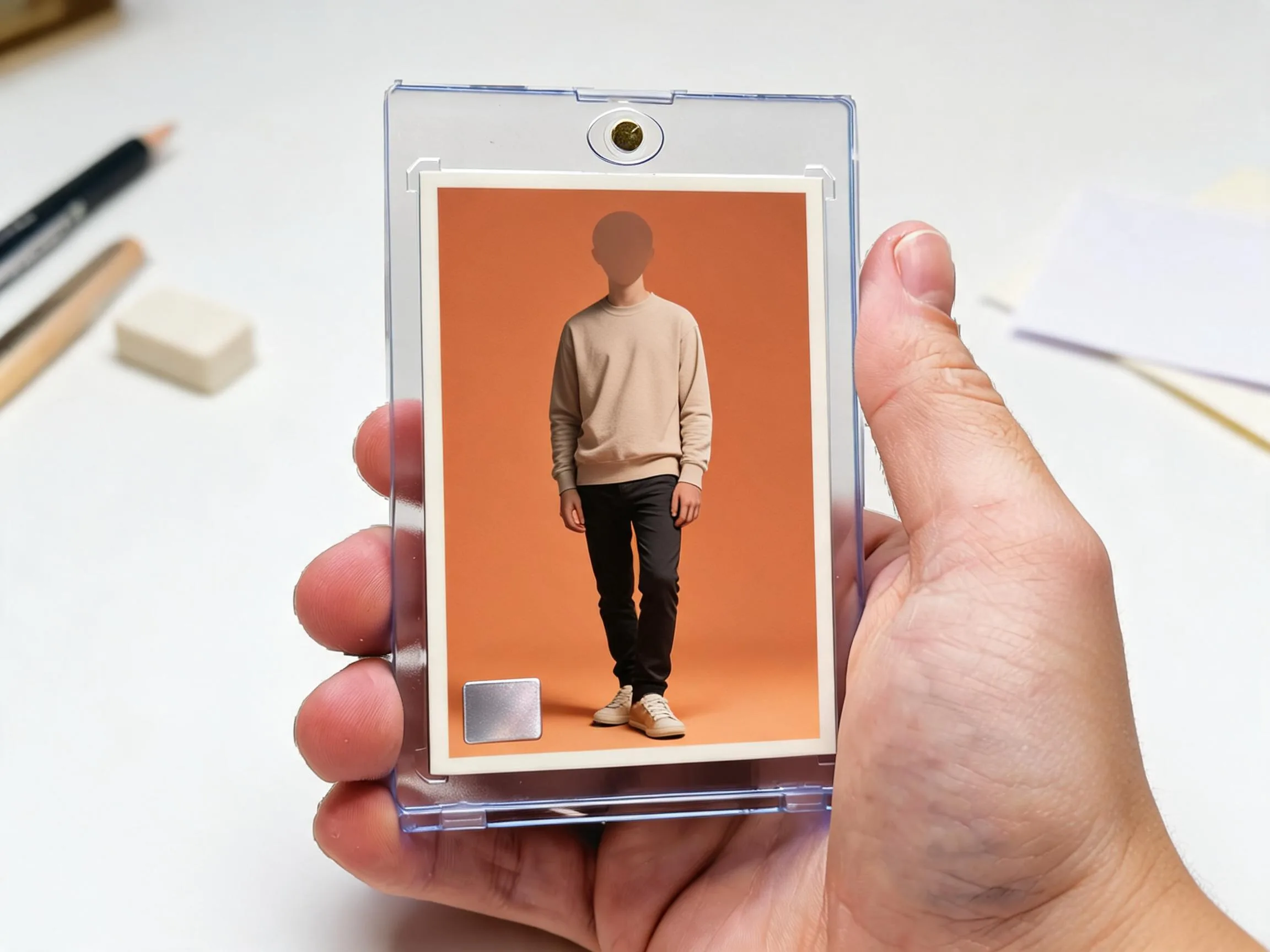 Custom keepsake trading card in a magnetic case on a white tabletop display.