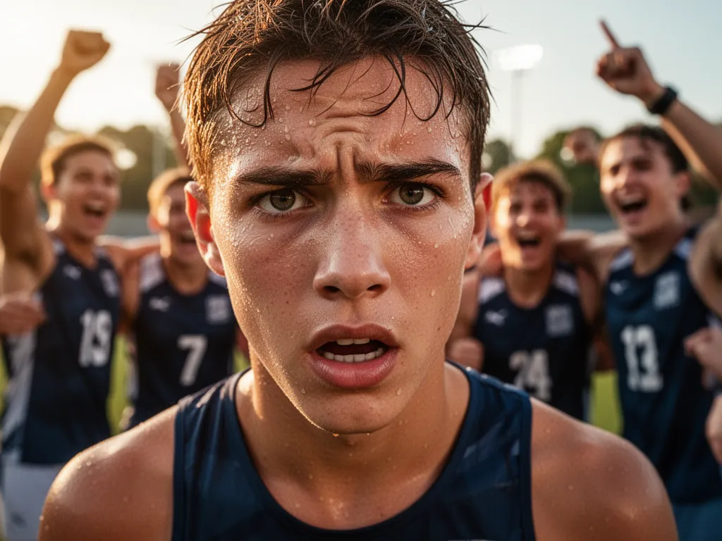 Young athlete's determined expression during competition with celebrating teammates visible behind