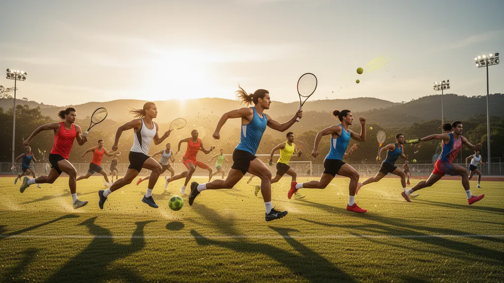 Multiple athletes in motion competing across a sunlit outdoor sports field with dynamic energy and natural lighting