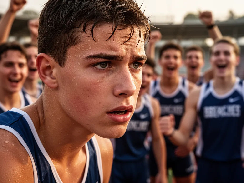 Young athlete's concentrated expression during competition with supportive teammates visible in soft-focused background