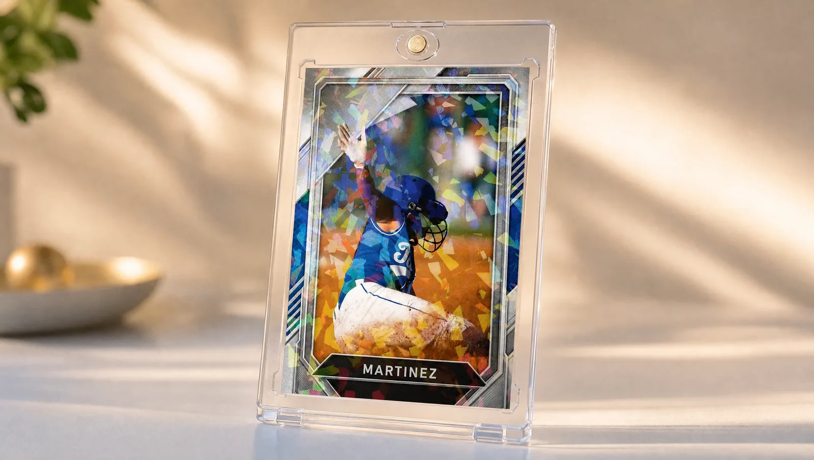 Custom trading card creator shown in a clear magnetic display case