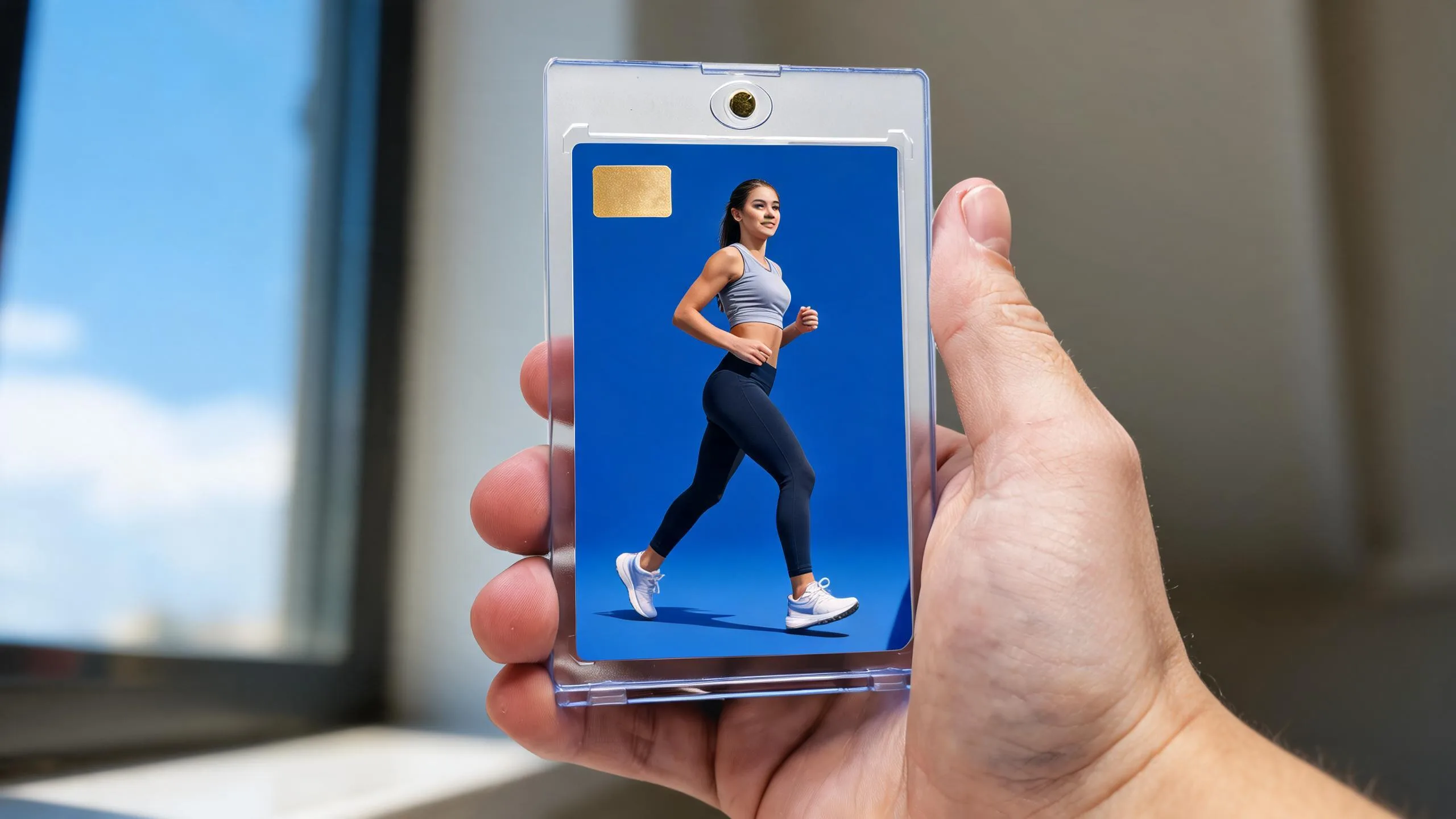 Hand holding a trading card creator magnetic case with a blue athlete card design