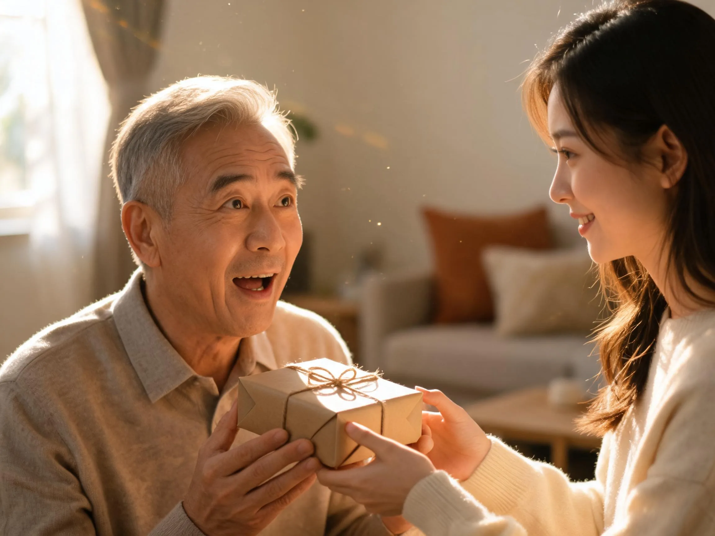 Older man reacting with genuine surprise to an unexpected gift indoors