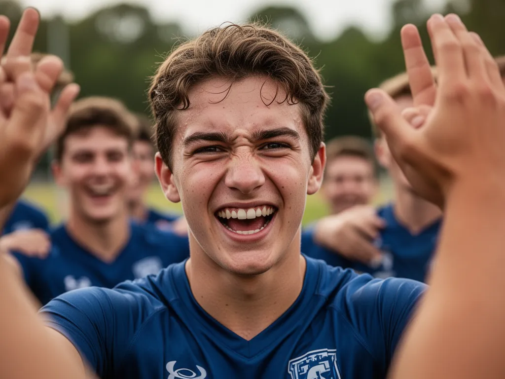 Young athlete celebrating with teammates showing pride and emotional connection to sport