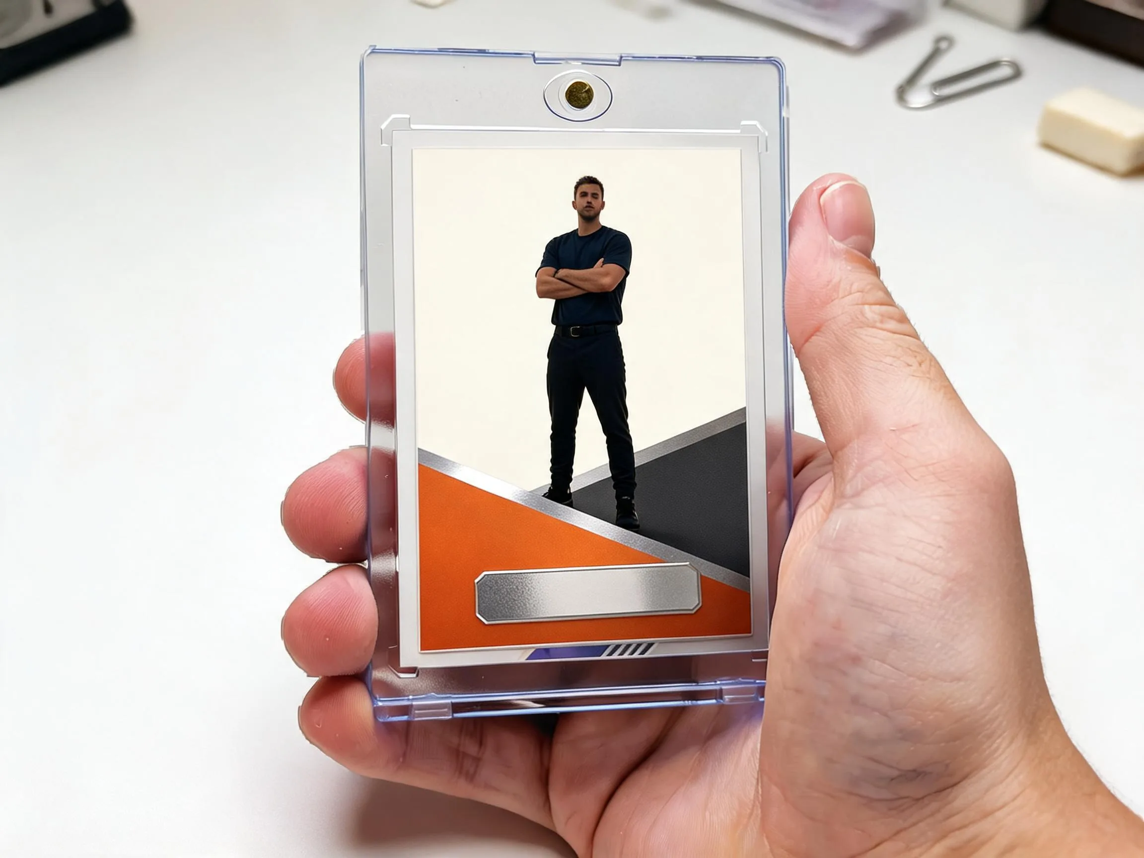 Custom keepsake trading card in a magnetic case with diagonal orange metal band