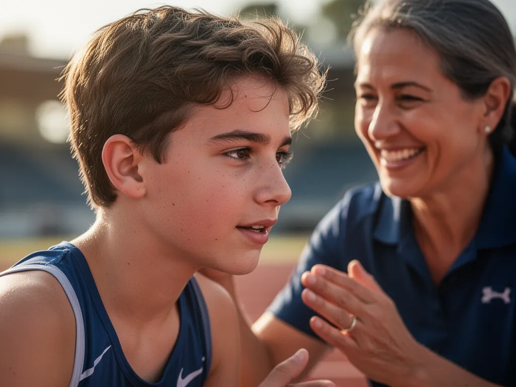 Young athlete's determined expression with supportive adult nearby showing pride and encouragement