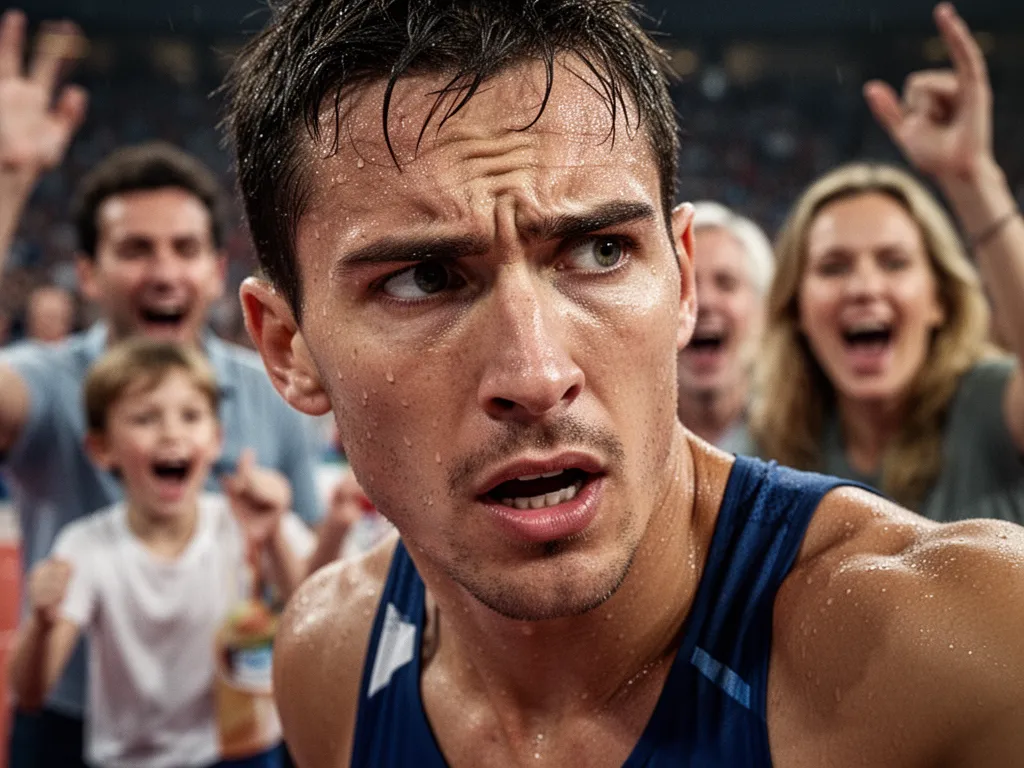 [Athlete's concentrated face showing determination with blurred supporters celebrating in background]