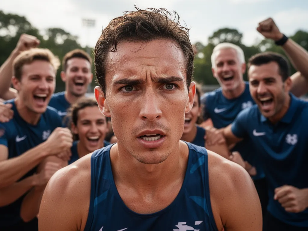 Athlete's determined expression with teammates celebrating supportively in blurred background