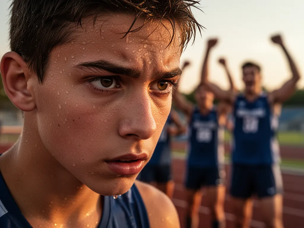 Young athlete's concentrated face during intense competition with celebrating teammates visible in soft-focus background
