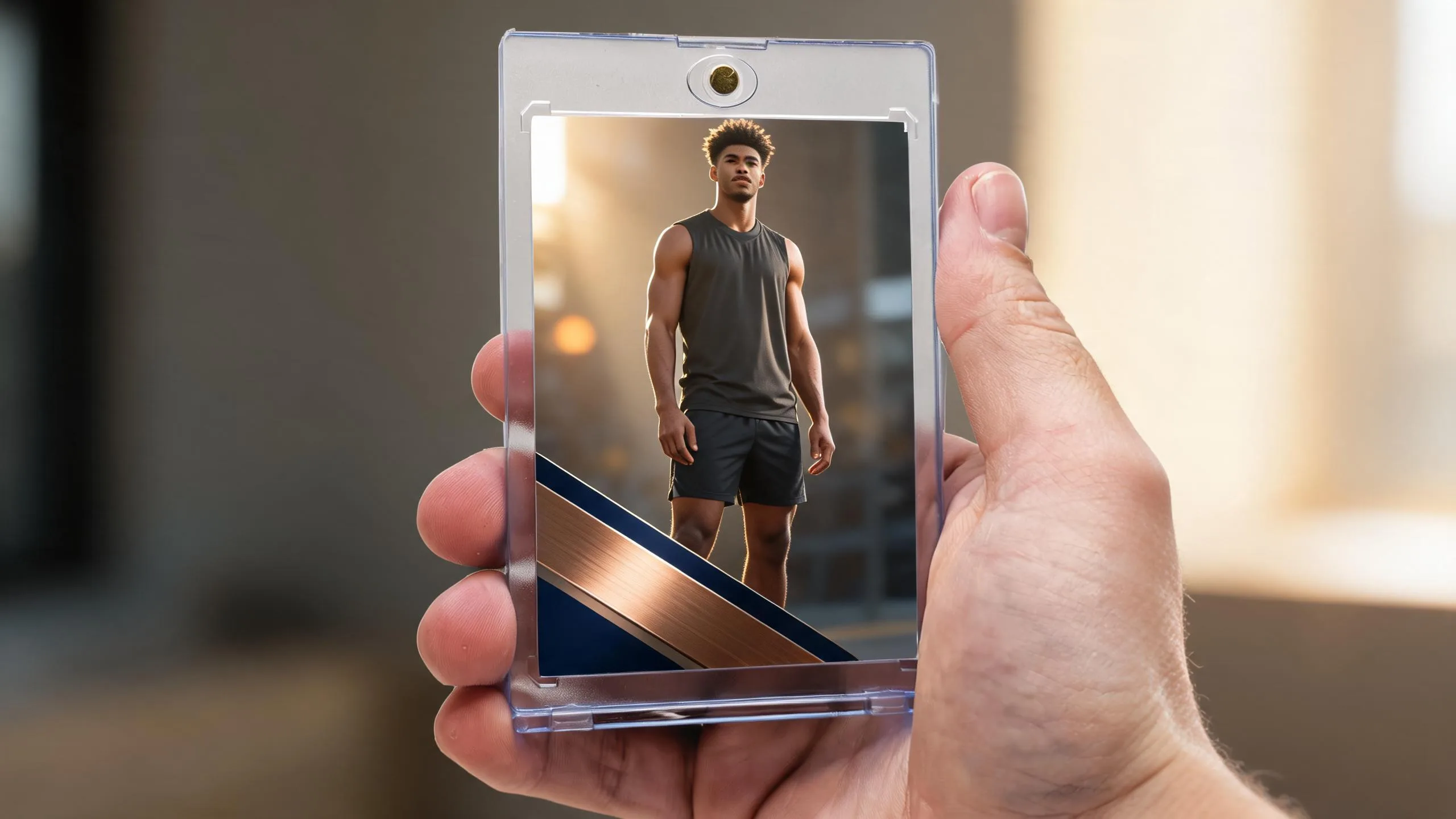 Hand holding trading card designs in magnetic case, athlete on diagonal navy and copper band