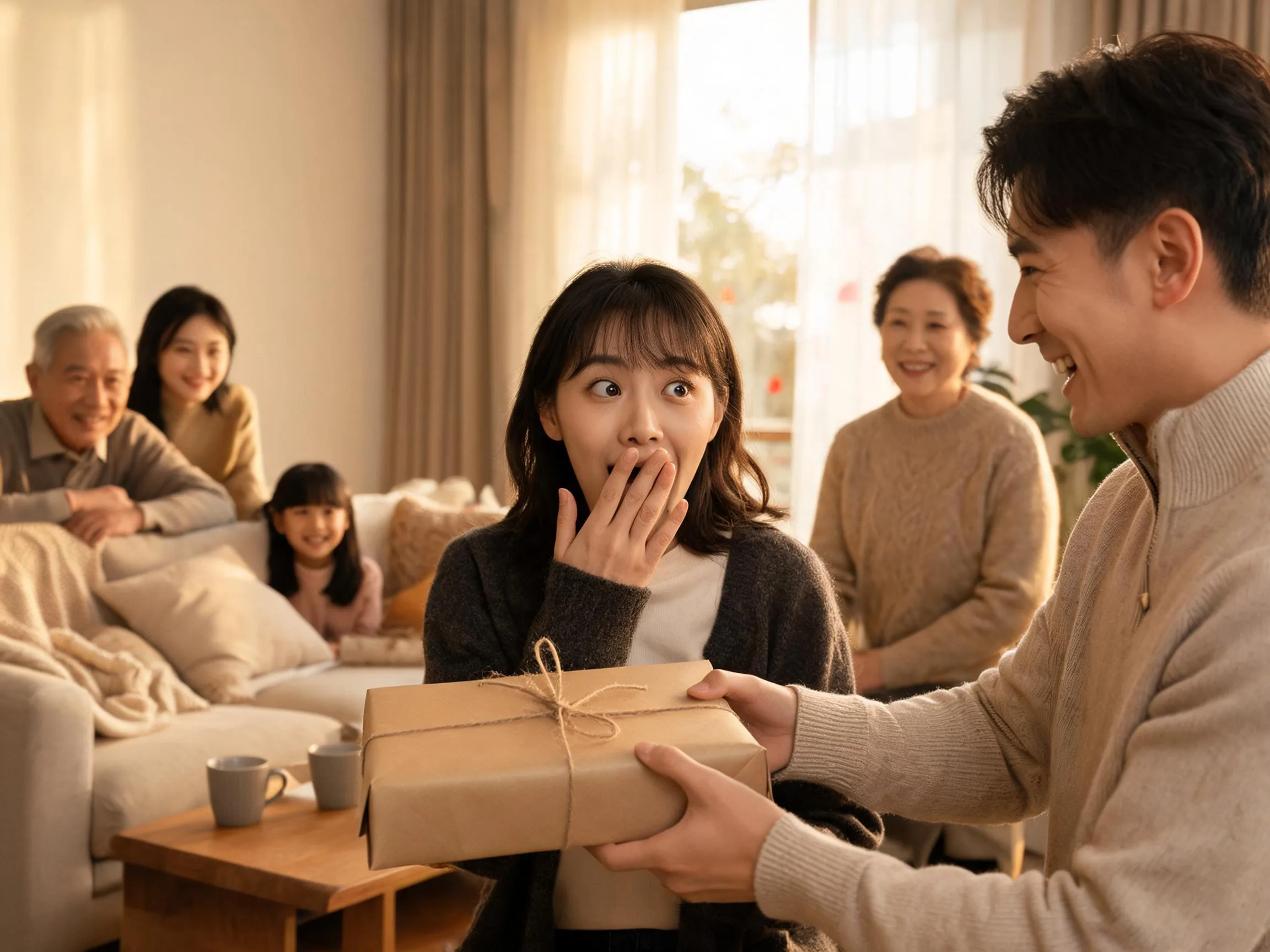 Person reacting with genuine surprise to an unexpected gift in warm natural light