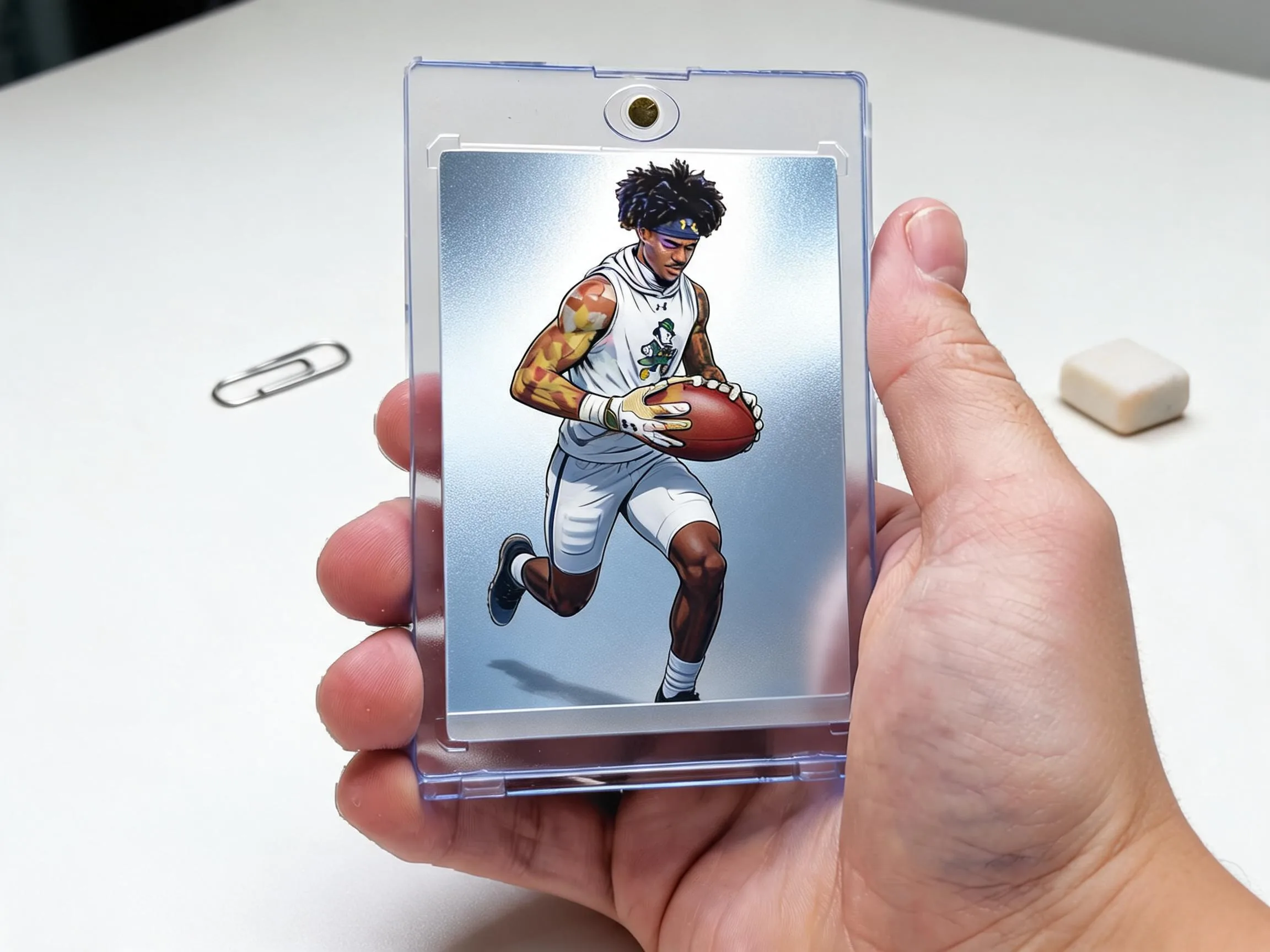 Custom keepsake trading card in magnetic case with chrome refractor finish on white tabletop